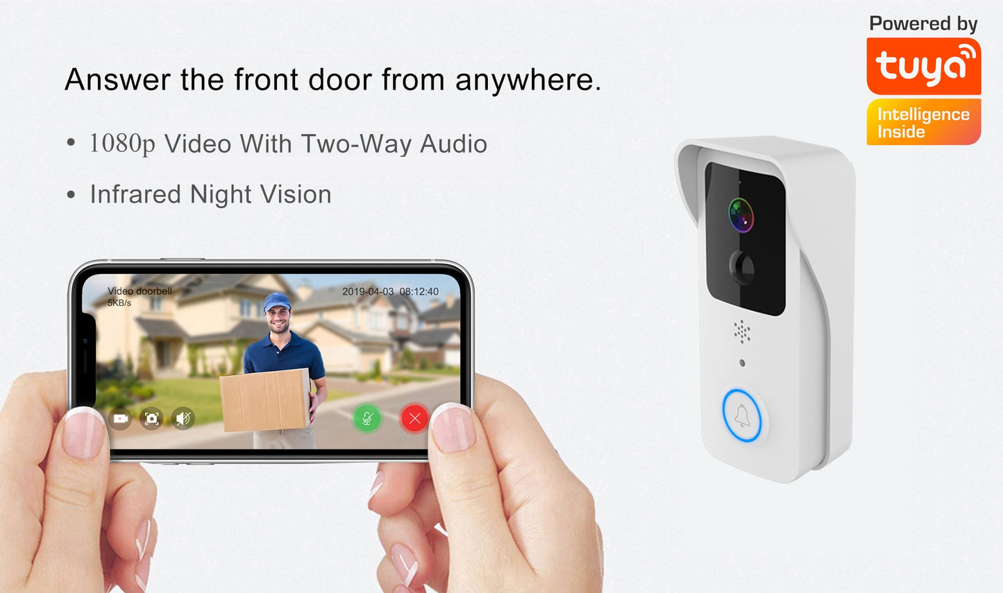Sonnette vidéo WiFi 1080p – vision nocturne couleur 50m, audio bidirectionnel, Alexa & Google Home